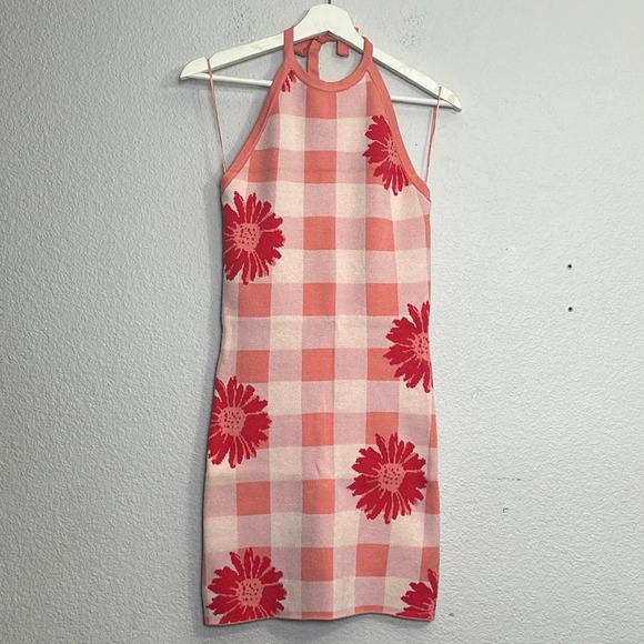Altar’d State Pink Coral Floral Halter Knit Dress Womens Size Small Stetch - Picture 1 of 9